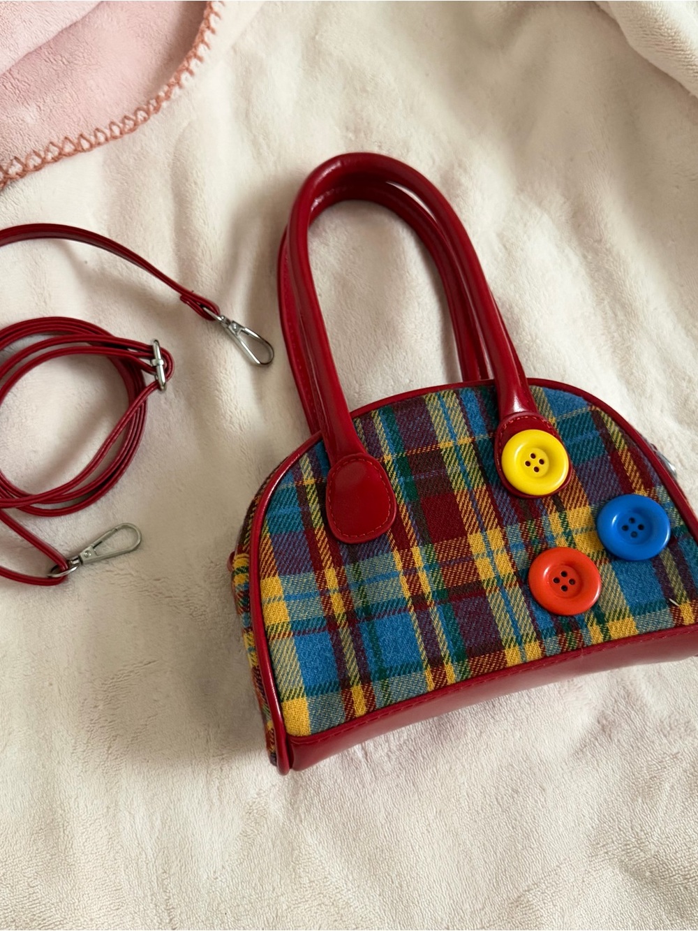 Multicolor Plaid Button Accent Satchel Bag with Red Trim